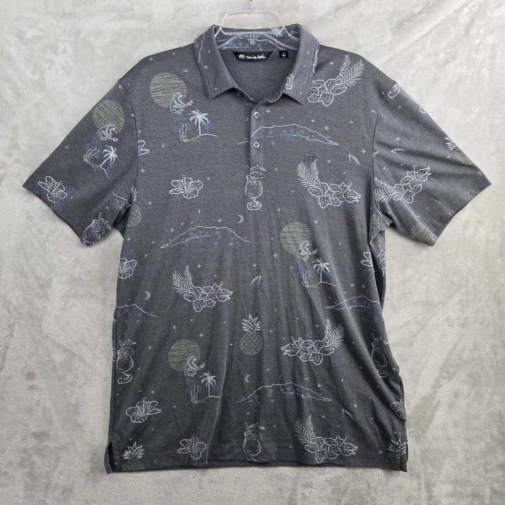 Travis Mathew Mens Large Gray Hawaiian Tropical Print‎ Short Sleeve Polo Shirt